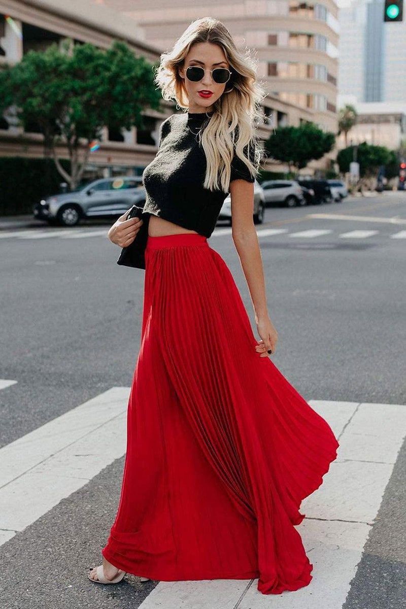 ebossy Women's High Waist Flowy Pleated Chiffon Maxi Skirt (X-Large, Red) - Image 4